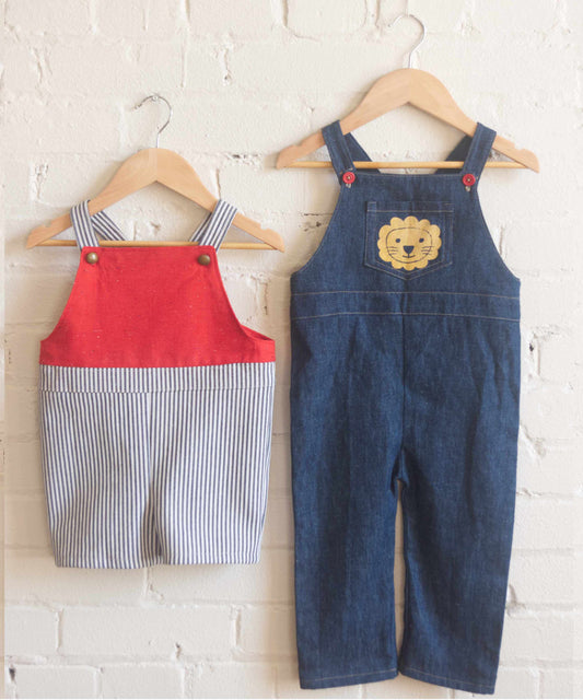 kids overalls with red and blue striped shortalls