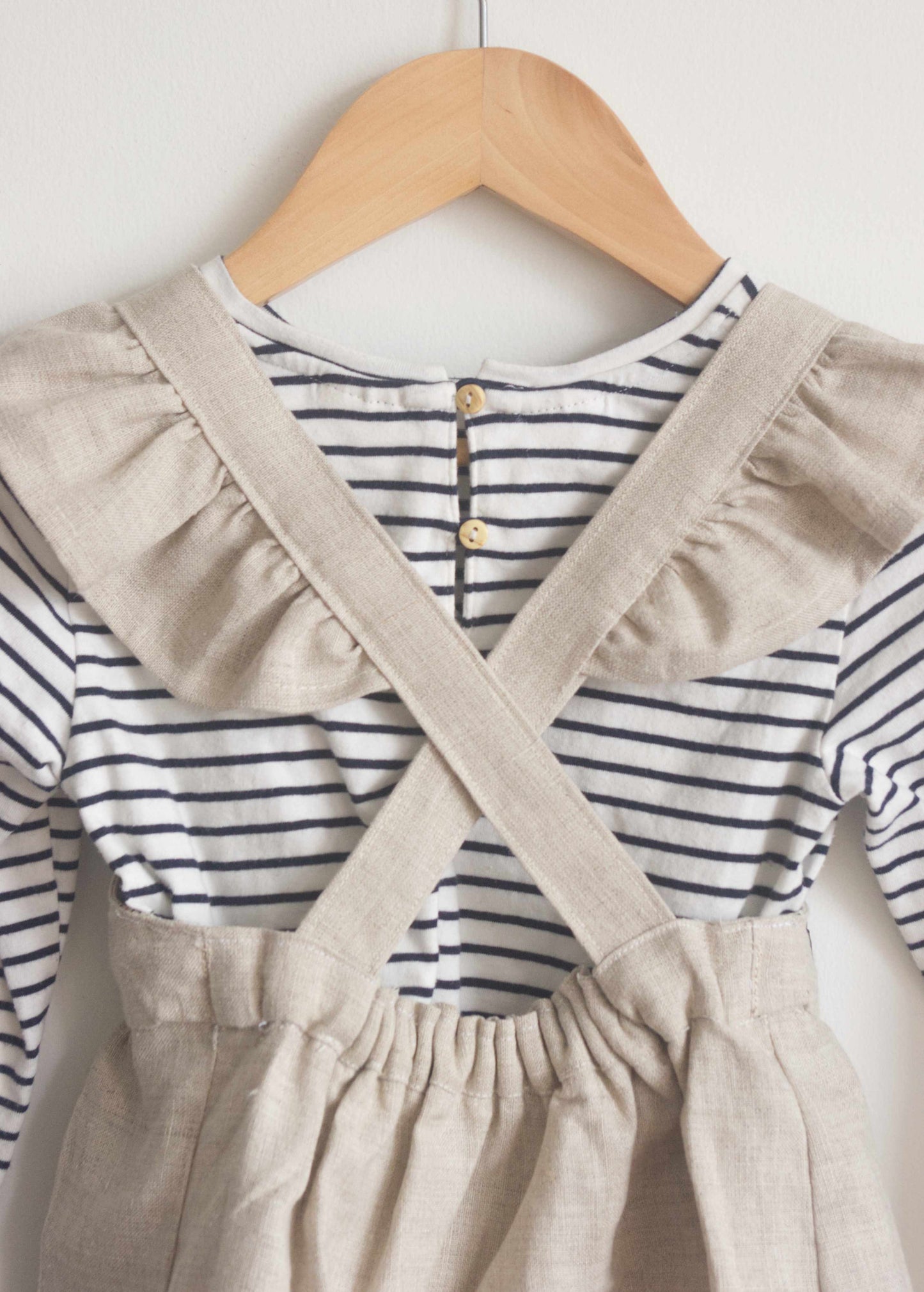 pinafore dress pattern back with ruffles and striped shirt